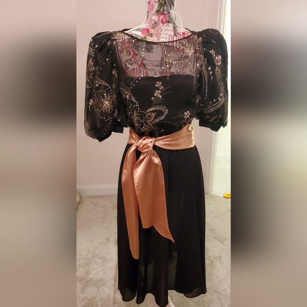 Elegant Black Cocktail Dress W/ Satin Sash
